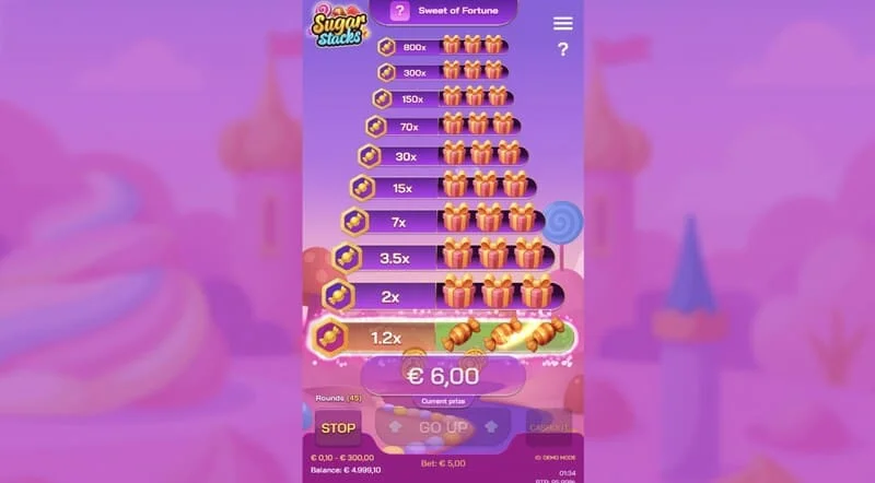 Sugar Stacks - panalong hakbang na may pag-iilaw ng kasalukuyang palapag at multiplier counter